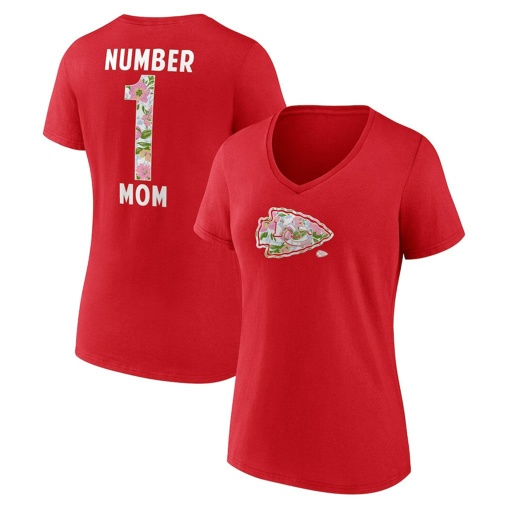 Women's Number 1 Mom Floral V-Neck T-Shirt - Kansas City Chiefs T-shirts