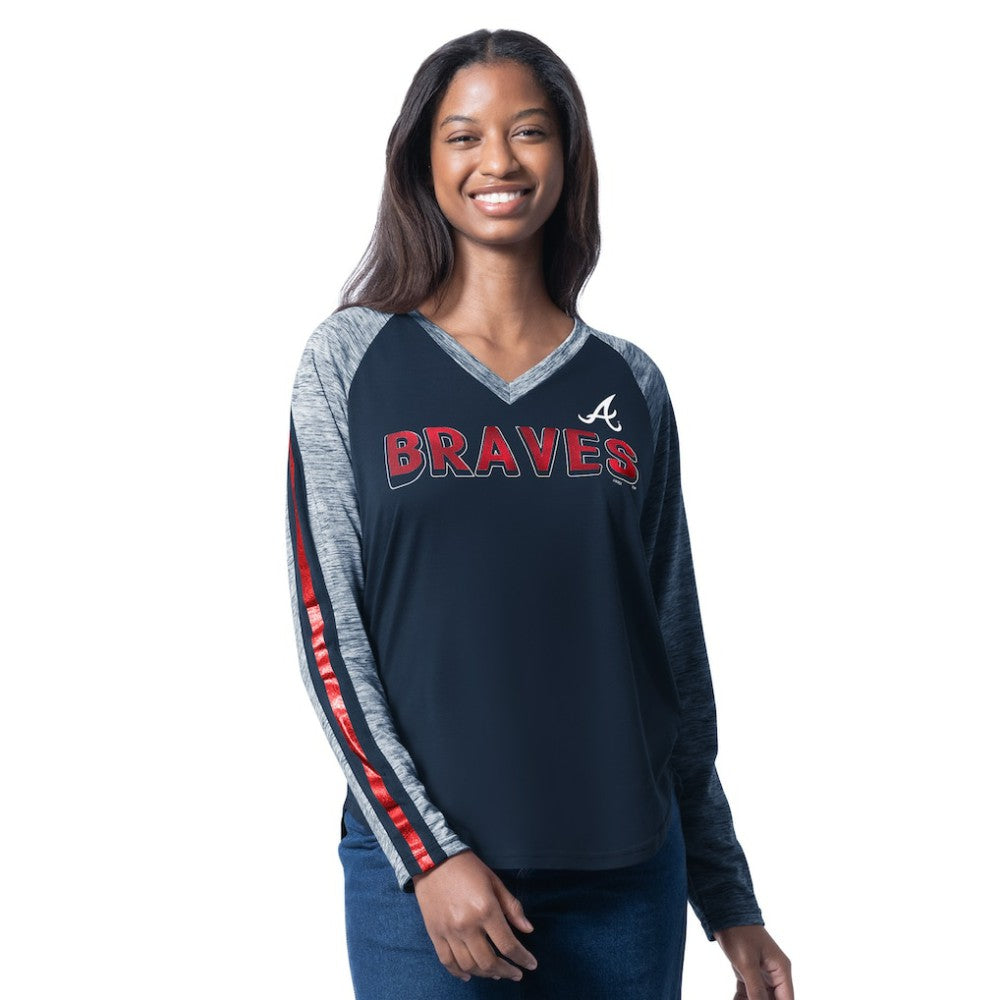 Navy Atlanta Braves G-III 4Her by Carl Banks Women's Top Dog Raglan Long Sleeve V-Neck T-Shirt