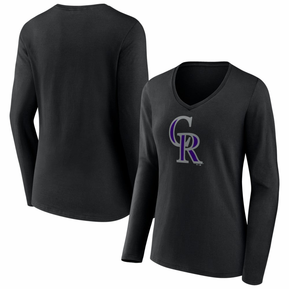 Black Colorado Rockies Women's Logo Long Sleeve V-Neck T-Shirt