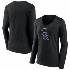 Black Colorado Rockies Women's Logo Long Sleeve V-Neck T-Shirt