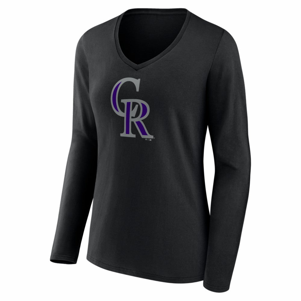 Black Colorado Rockies Women's Logo Long Sleeve V-Neck T-Shirt