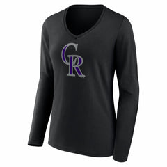 Black Colorado Rockies Women's Logo Long Sleeve V-Neck T-Shirt