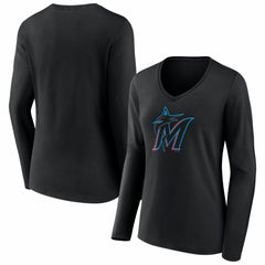 Black Miami Marlins Women's Logo Long Sleeve V-Neck T-Shirt