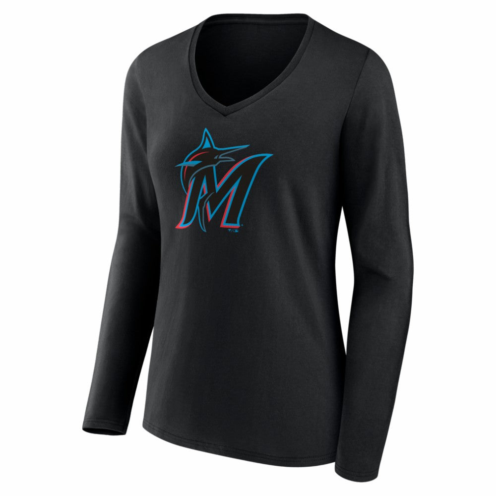 Black Miami Marlins Women's Logo Long Sleeve V-Neck T-Shirt