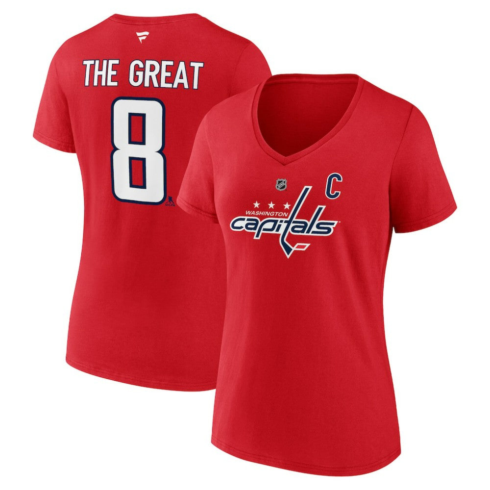 NHL Alexander Ovechkin Washington Capitals Fanatics Women's NHL All-Time Leading Goal Scorer The Great 8 Name & Number V-Neck T-Shirt