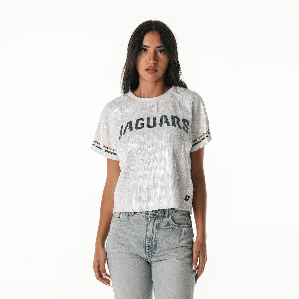 The Wild Collective Women's Rhinestone Sequin Cropped T-Shirt - Jacksonville Jaguars T-shirts