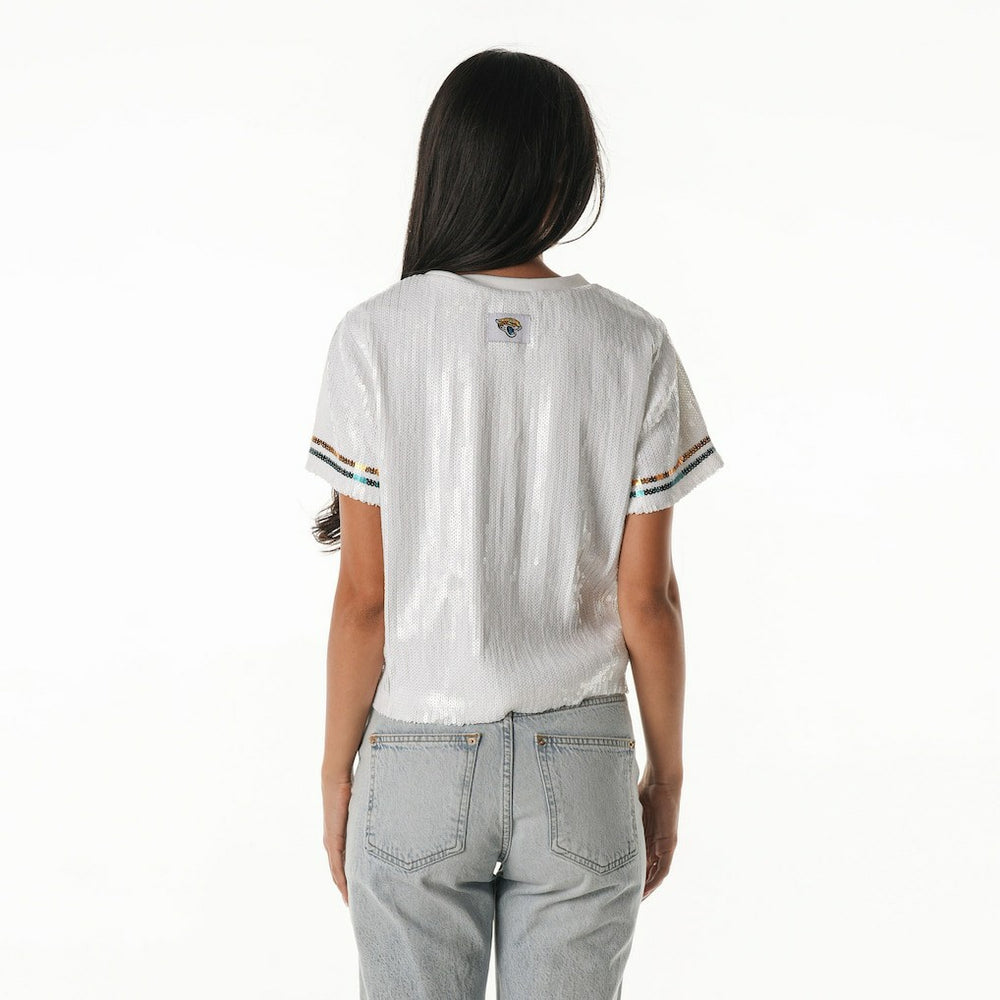 The Wild Collective Women's Rhinestone Sequin Cropped T-Shirt - Jacksonville Jaguars T-shirts