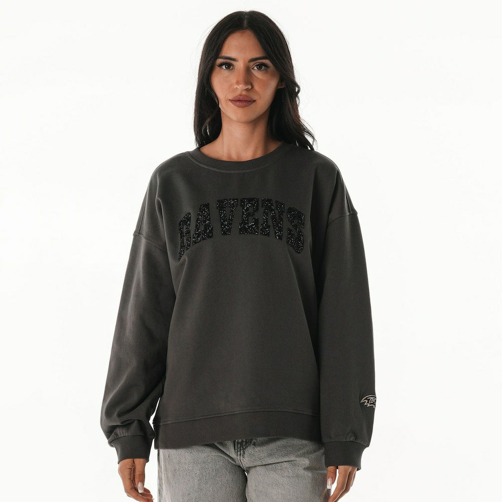 The Wild Collective Women's Rock Crystal Oversized Crewneck Sweatshirt - Baltimore Ravens Sweatshirts