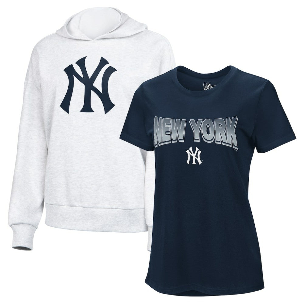 Navy/Bright Heather Ceramic New York Yankees G-III 4Her by Carl Banks Women's T-Shirt and Hoodie Combo Pack