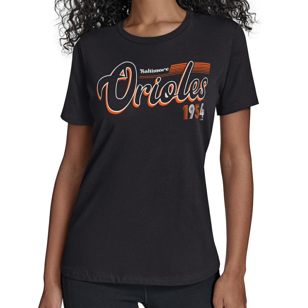 Black Baltimore Orioles Starter Women's Groovy Script Team Fitted T-Shirt