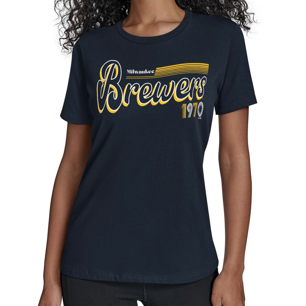 Navy Milwaukee Brewers Starter Women's Groovy Script Team Fitted T-Shirt