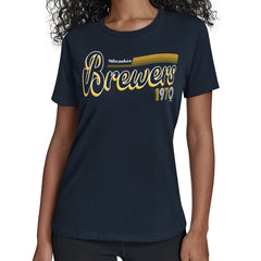 Navy Milwaukee Brewers Starter Women's Groovy Script Team Fitted T-Shirt