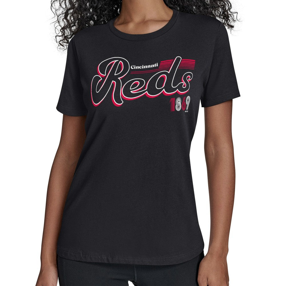 Black Cincinnati Reds Starter Women's Groovy Script Team Fitted T-Shirt