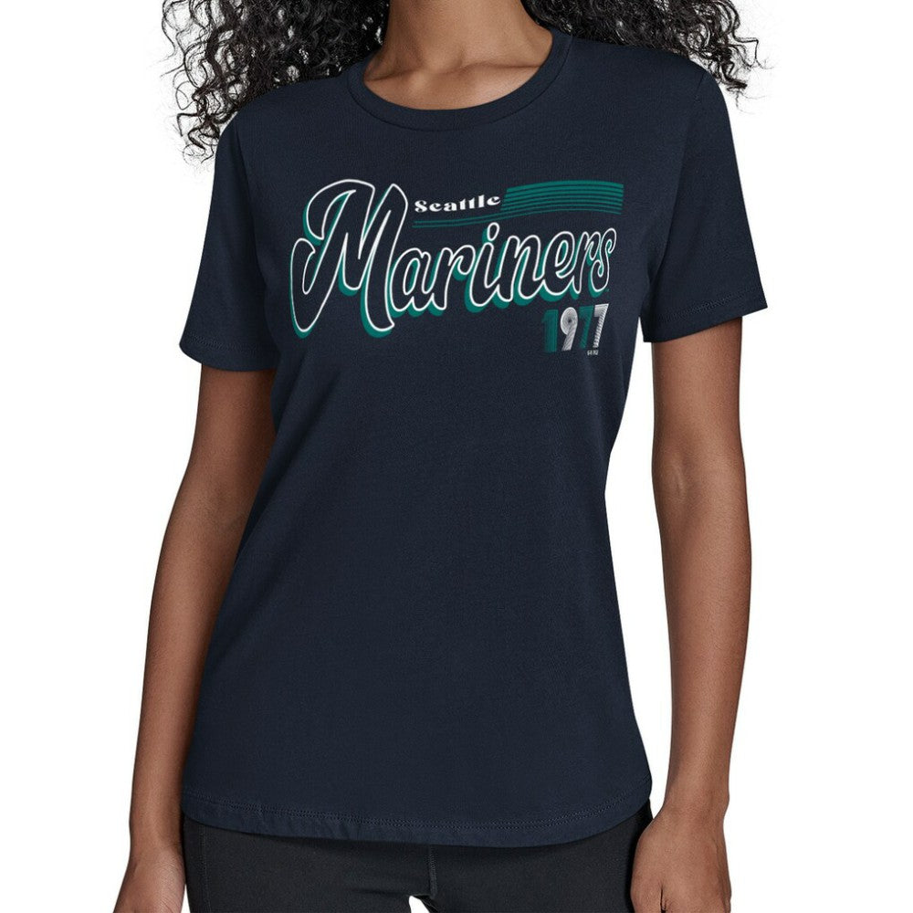 Navy Seattle Mariners Starter Women's Groovy Script Team Fitted T-Shirt