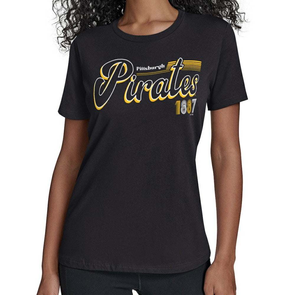 Black Pittsburgh Pirates Starter Women's Groovy Script Team Fitted T-Shirt
