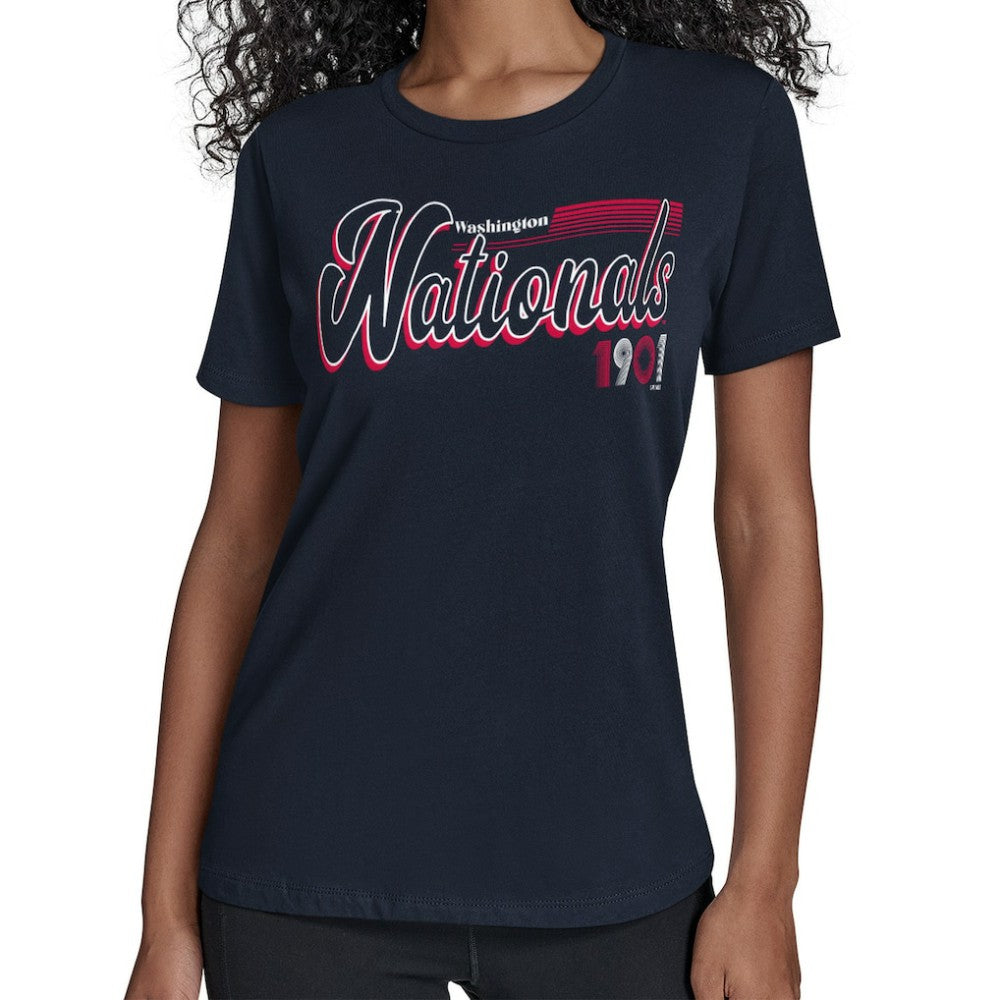 Navy Washington Nationals Starter Women's Groovy Script Team Fitted T-Shirt