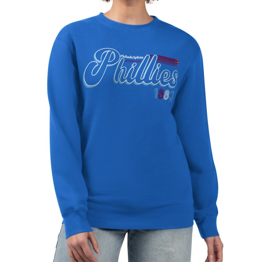 Royal Philadelphia Phillies Starter Women's Groovy Script Team Fleece Pullover Sweatshirt