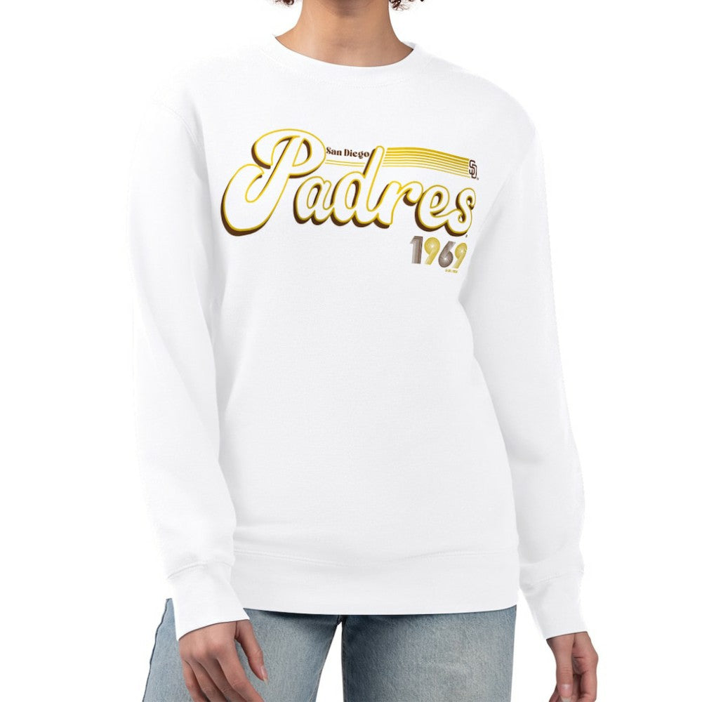 White San Diego Padres Starter Women's Groovy Script Team Fleece Pullover Sweatshirt