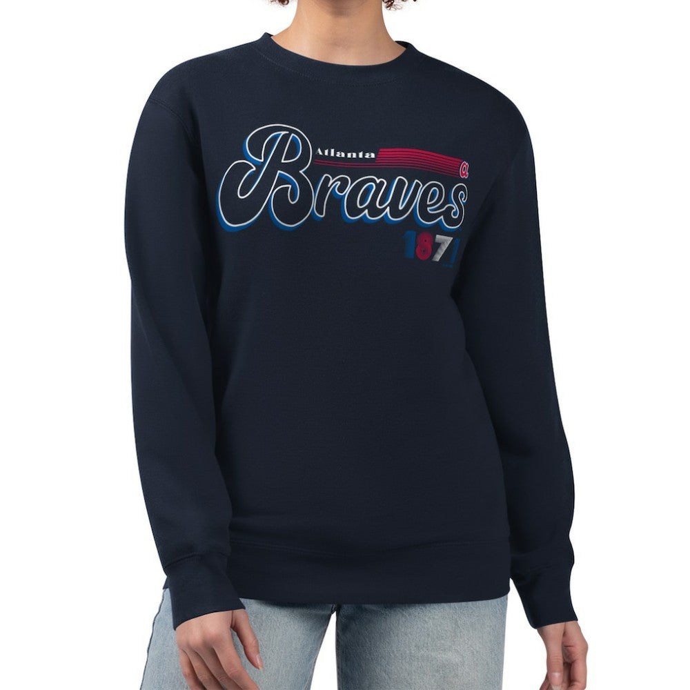 Navy Atlanta Braves Starter Women's Groovy Script Team Fleece Pullover Sweatshirt