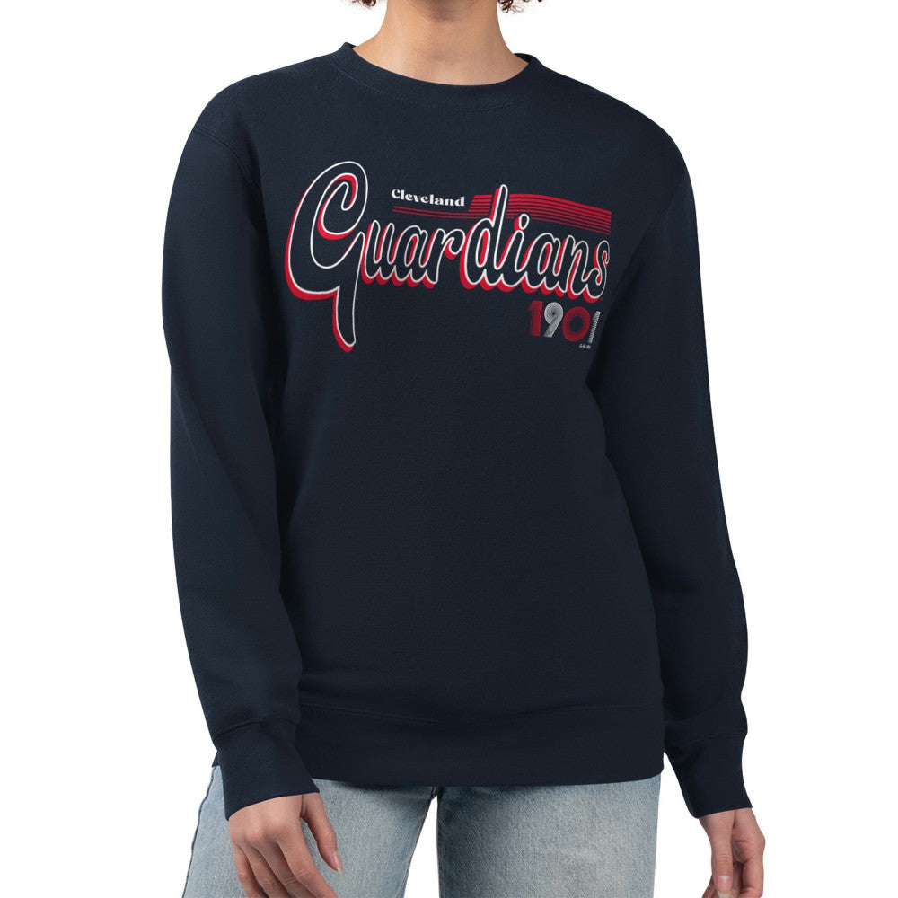 Navy Cleveland Guardians Starter Women's Groovy Script Team Fleece Pullover Sweatshirt