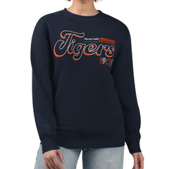 Navy Detroit Tigers Starter Women's Groovy Script Team Fleece Pullover Sweatshirt