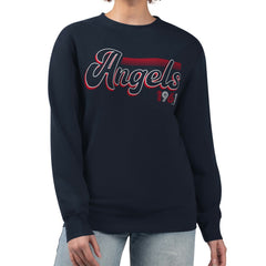 Navy Los Angeles Angels Starter Women's Groovy Script Team Fleece Pullover Sweatshirt