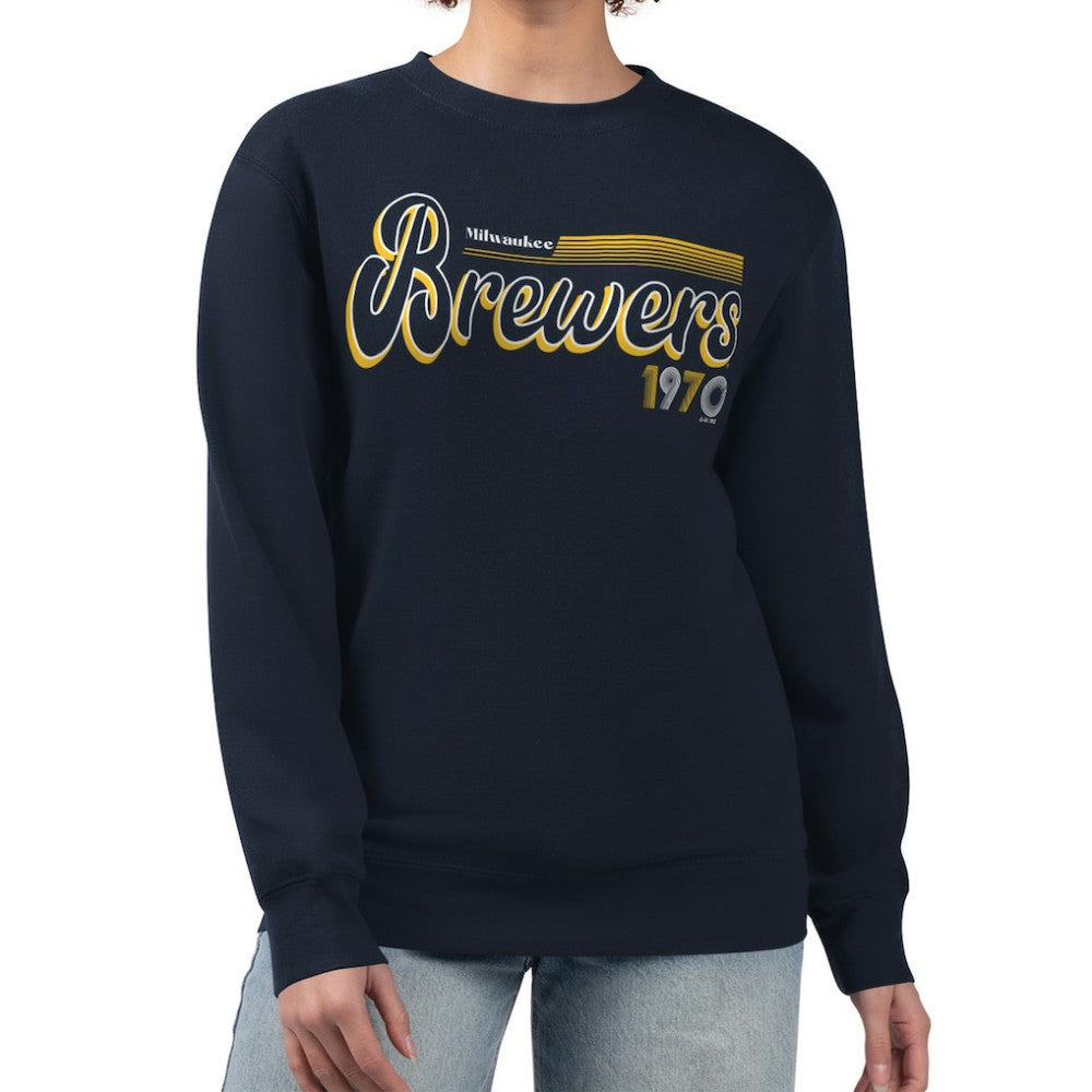 Navy Milwaukee Brewers Starter Women's Groovy Script Team Fleece Pullover Sweatshirt