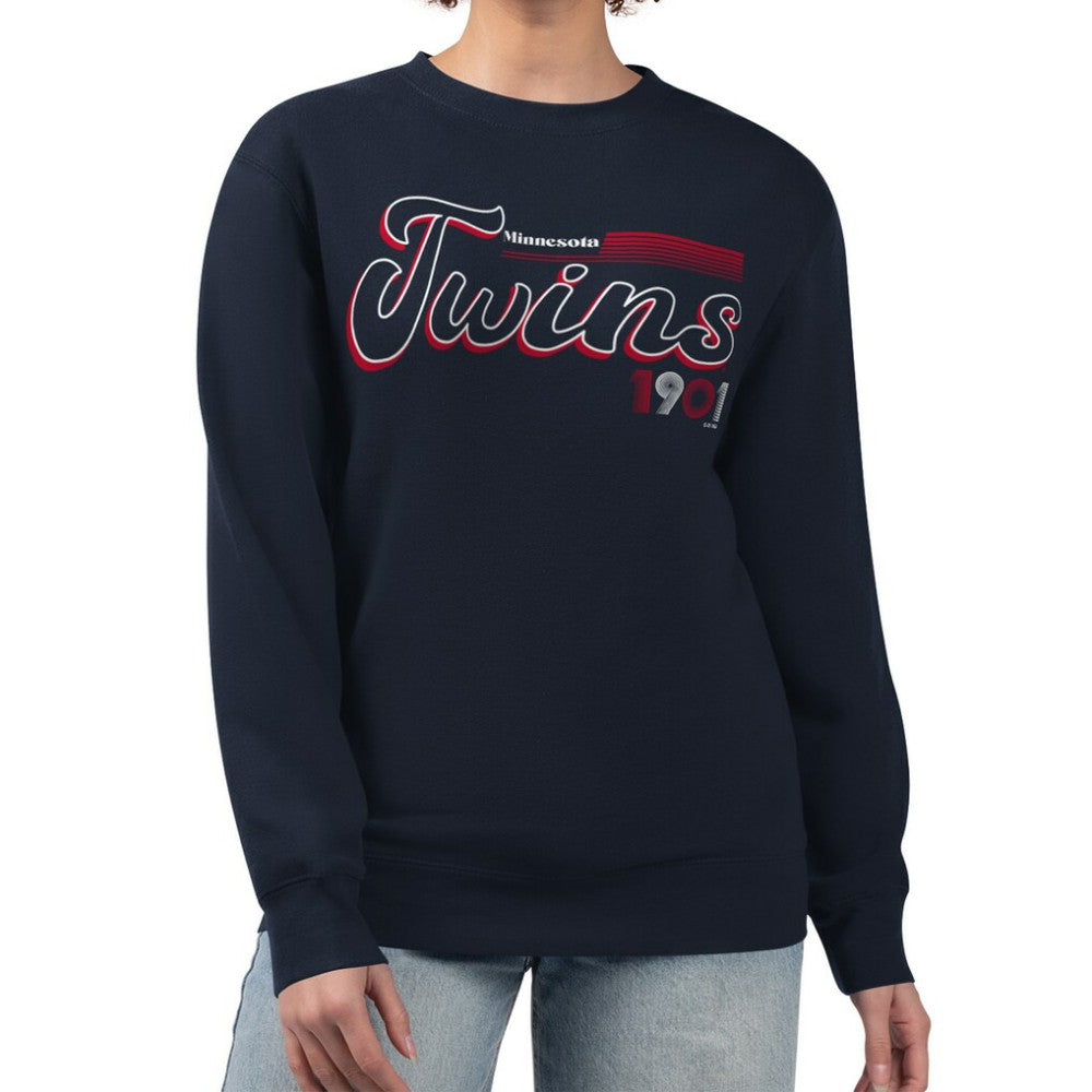 Navy Minnesota Twins Starter Women's Groovy Script Team Fleece Pullover Sweatshirt