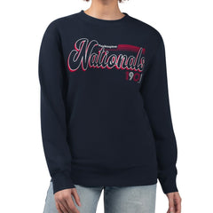 Navy Washington Nationals Starter Women's Groovy Script Team Fleece Pullover Sweatshirt