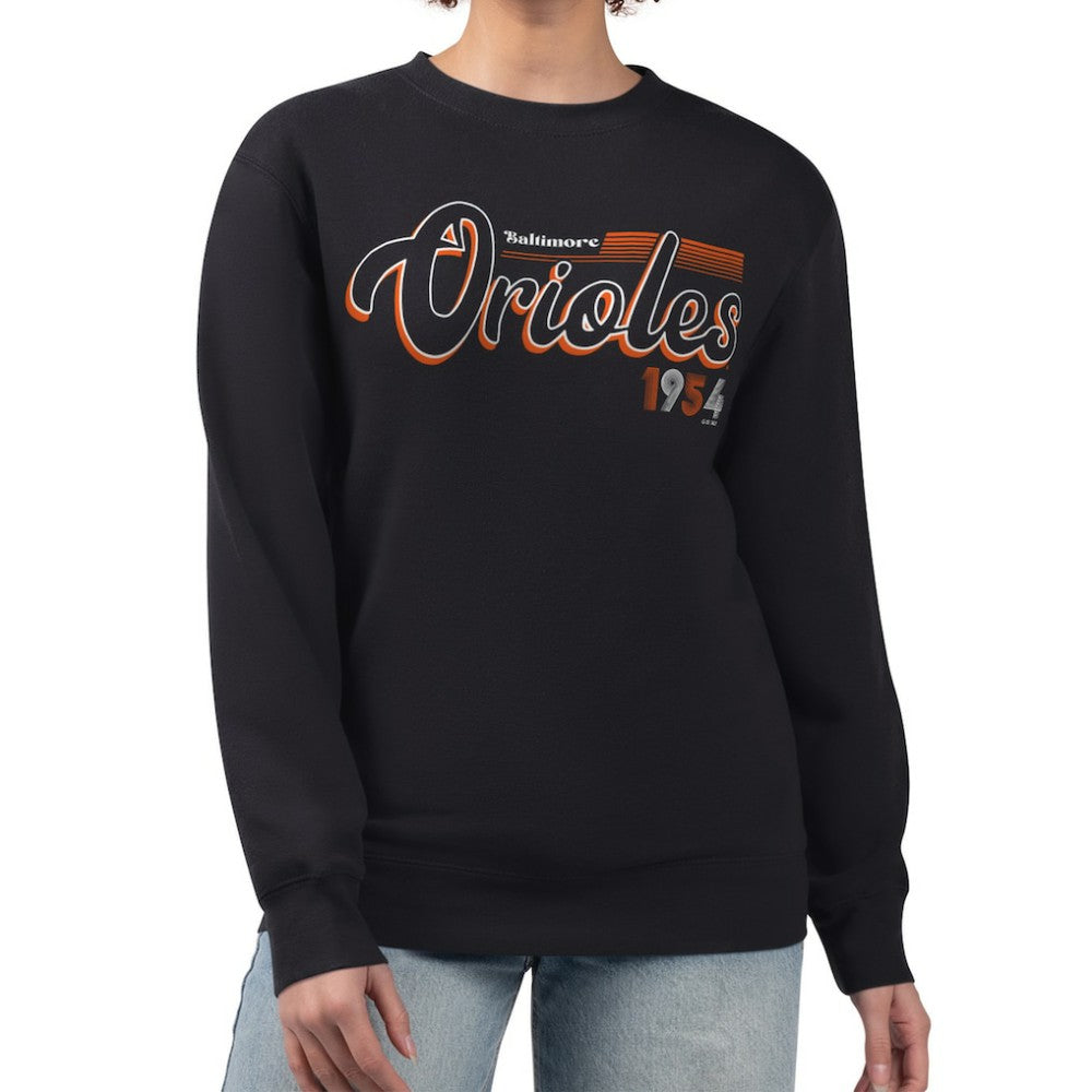 Black Baltimore Orioles Starter Women's Groovy Script Team Fleece Pullover Sweatshirt
