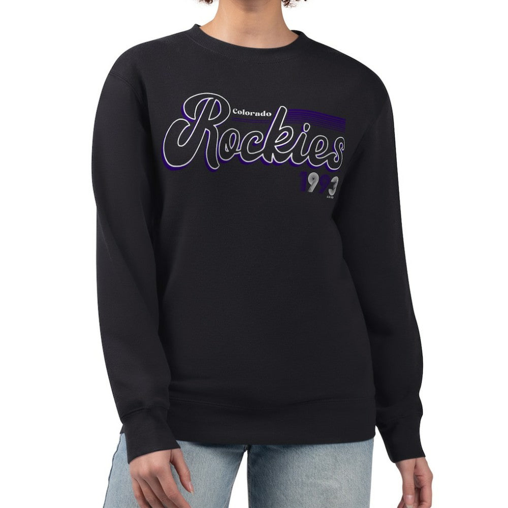 Black Colorado Rockies Starter Women's Groovy Script Team Fleece Pullover Sweatshirt