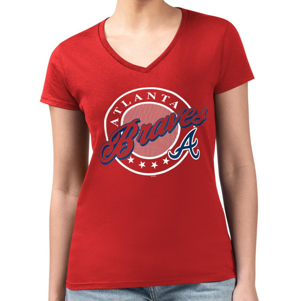 Red Atlanta Braves G-III 4Her by Carl Banks Women's Super-Slim Fit Lightweight Pinstripe Circle V-Neck T-Shirt
