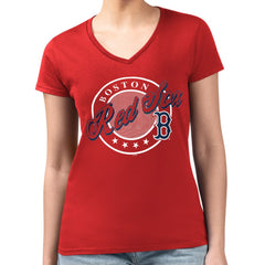 Red Boston Red Sox G-III 4Her by Carl Banks Women's Super-Slim Fit Lightweight Pinstripe Circle V-Neck T-Shirt