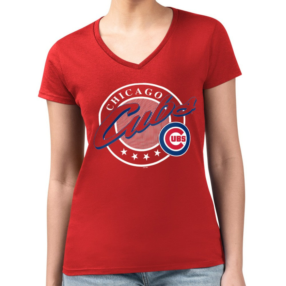 Red Chicago Cubs G-III 4Her by Carl Banks Women's Super-Slim Fit Lightweight Pinstripe Circle V-Neck T-Shirt