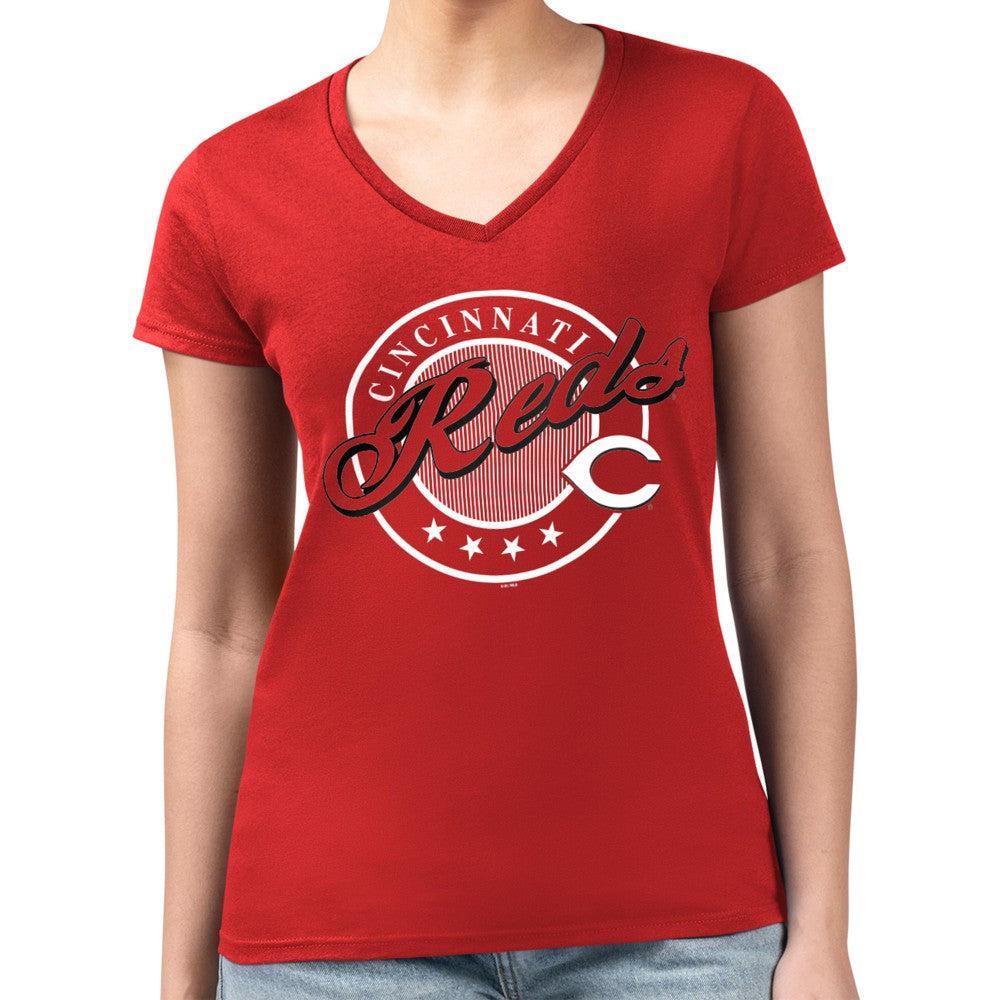 Red Cincinnati Reds G-III 4Her by Carl Banks Women's Super-Slim Fit Lightweight Pinstripe Circle V-Neck T-Shirt