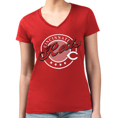 Red Cincinnati Reds G-III 4Her by Carl Banks Women's Super-Slim Fit Lightweight Pinstripe Circle V-Neck T-Shirt