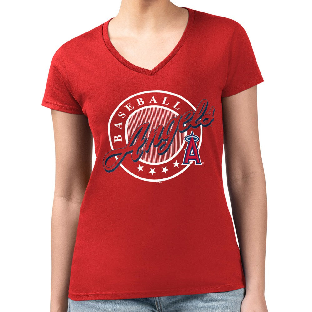 Red Los Angeles Angels G-III 4Her by Carl Banks Women's Super-Slim Fit Lightweight Pinstripe Circle V-Neck T-Shirt