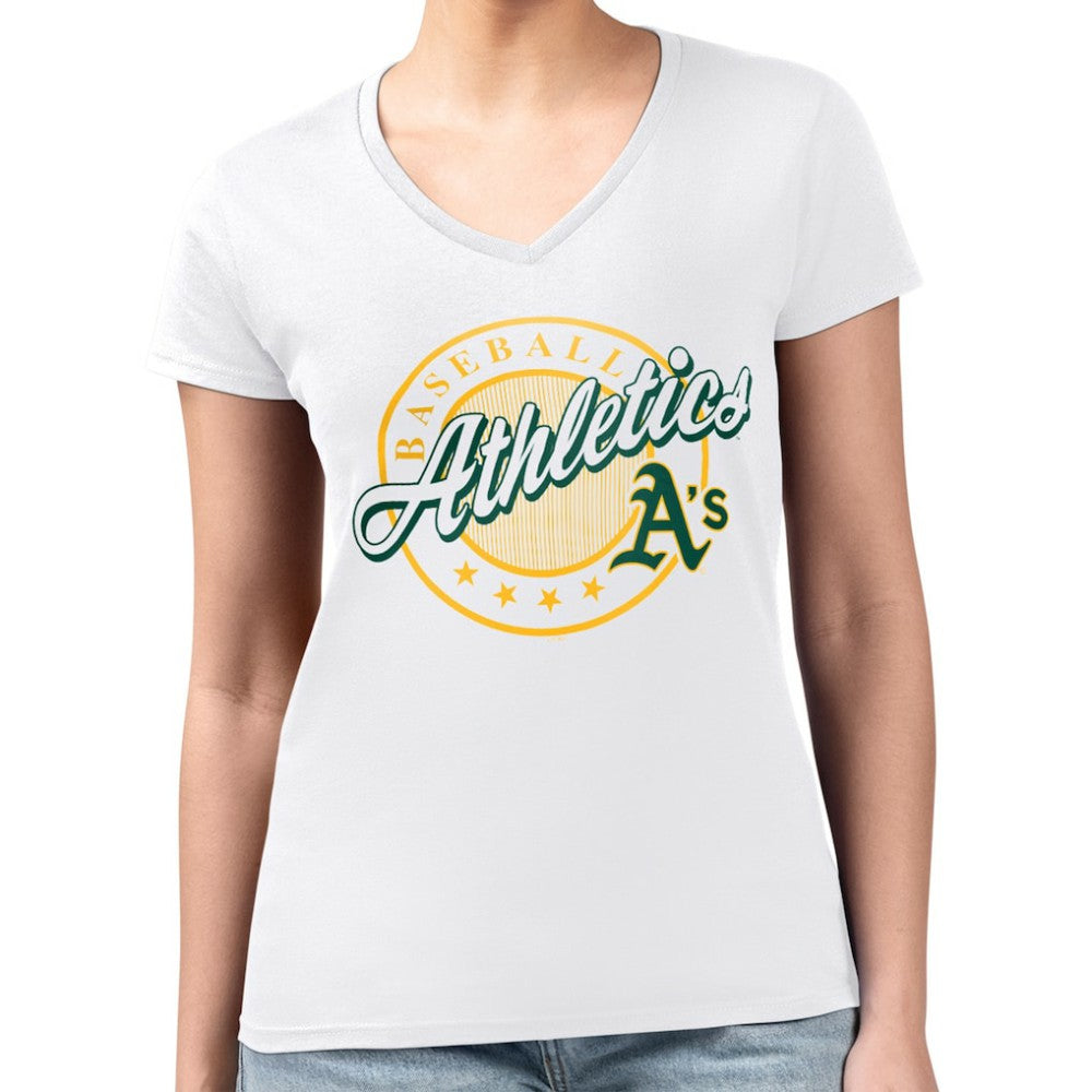 White Athletics G-III 4Her by Carl Banks Women's Super-Slim Fit Lightweight Pinstripe Circle V-Neck T-Shirt