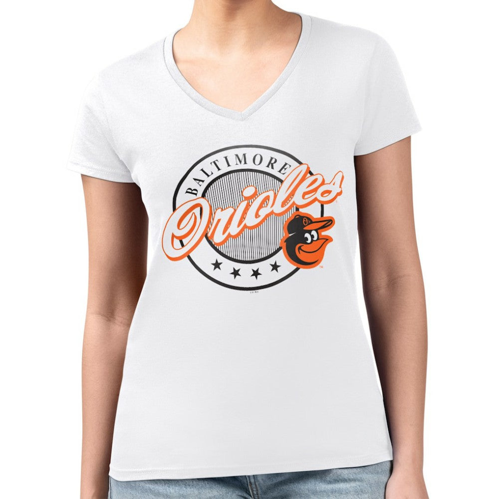 White Baltimore Orioles G-III 4Her by Carl Banks Women's Super-Slim Fit Lightweight Pinstripe Circle V-Neck T-Shirt