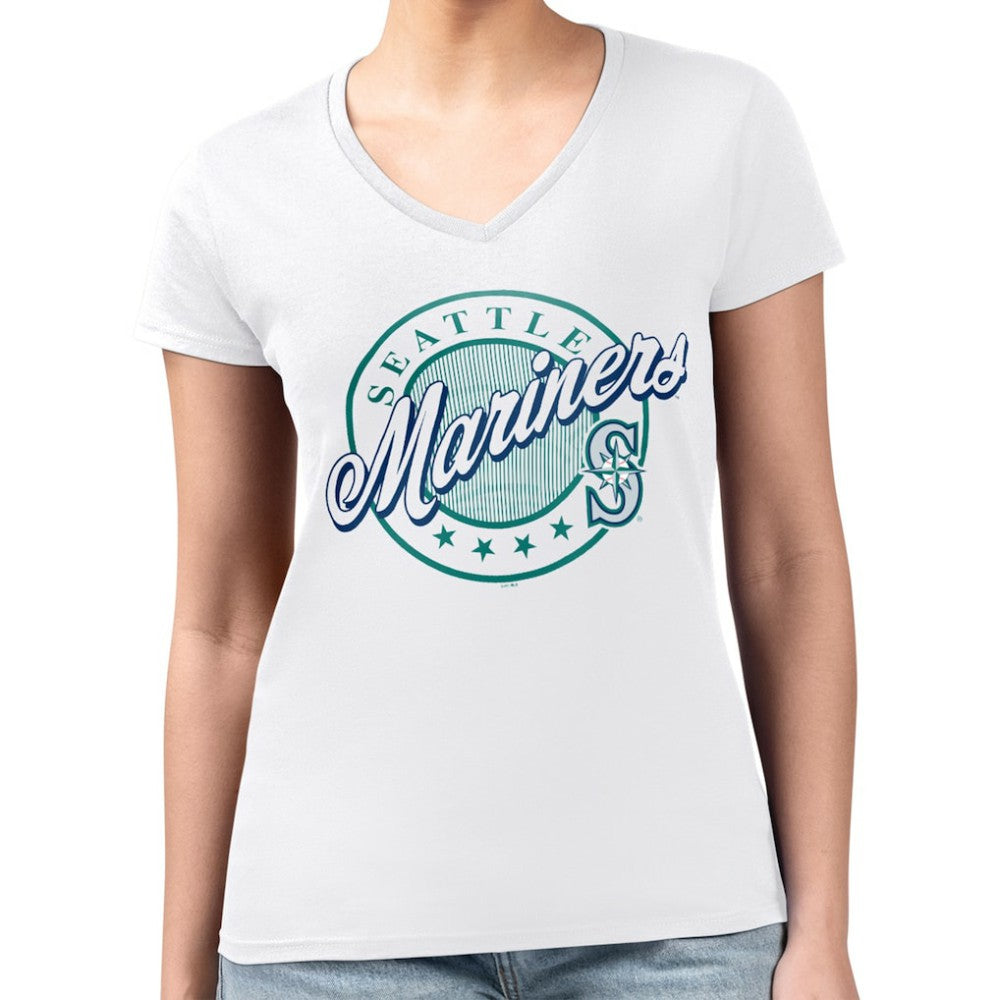 White Seattle Mariners G-III 4Her by Carl Banks Women's Super-Slim Fit Lightweight Pinstripe Circle V-Neck T-Shirt