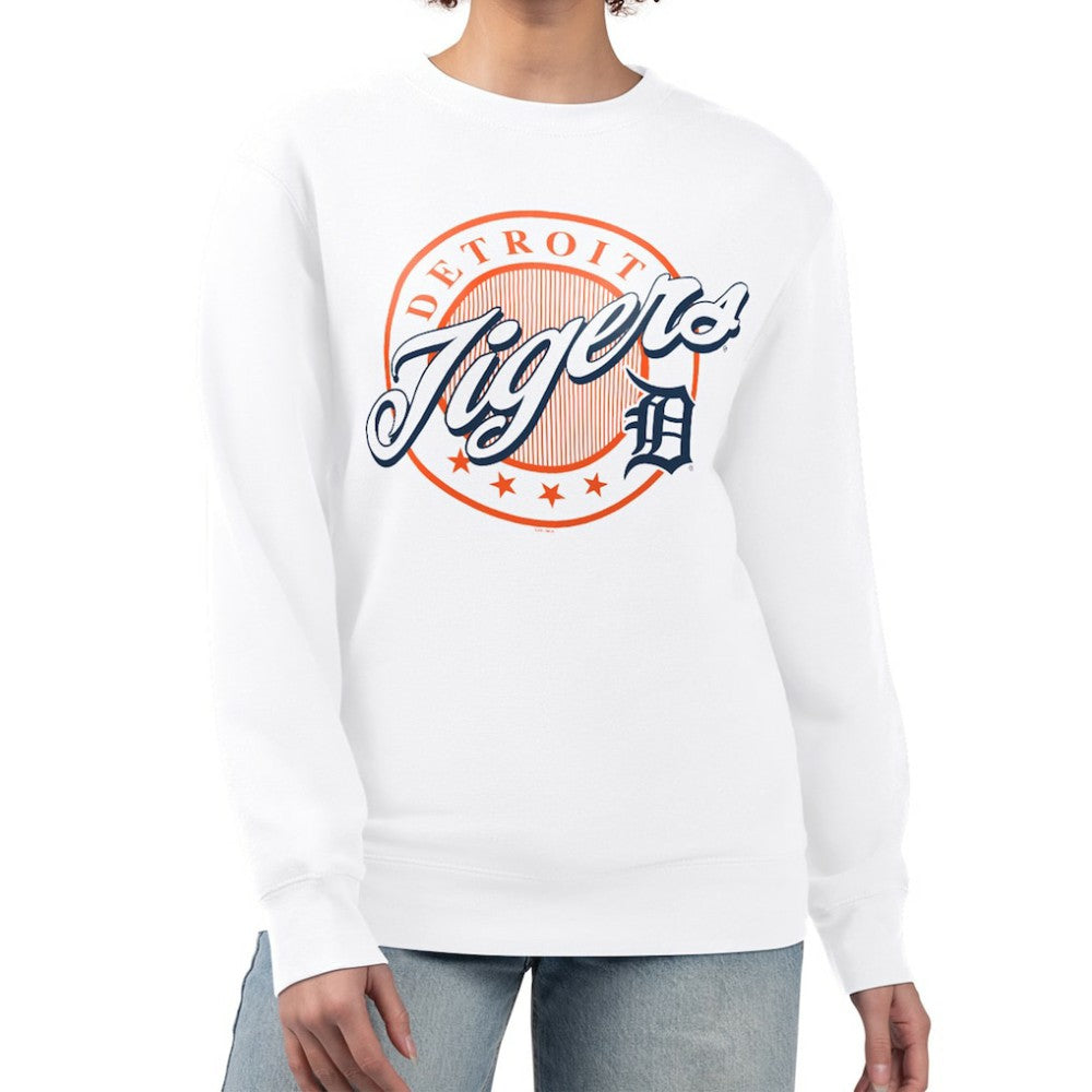White Detroit Tigers G-III 4Her by Carl Banks Women's Pinstripe Circle Team Fleece Pullover Sweatshirt