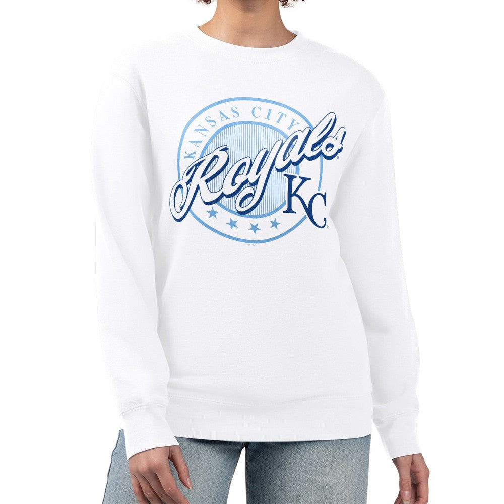 White Kansas City Royals G-III 4Her by Carl Banks Women's Pinstripe Circle Team Fleece Pullover Sweatshirt