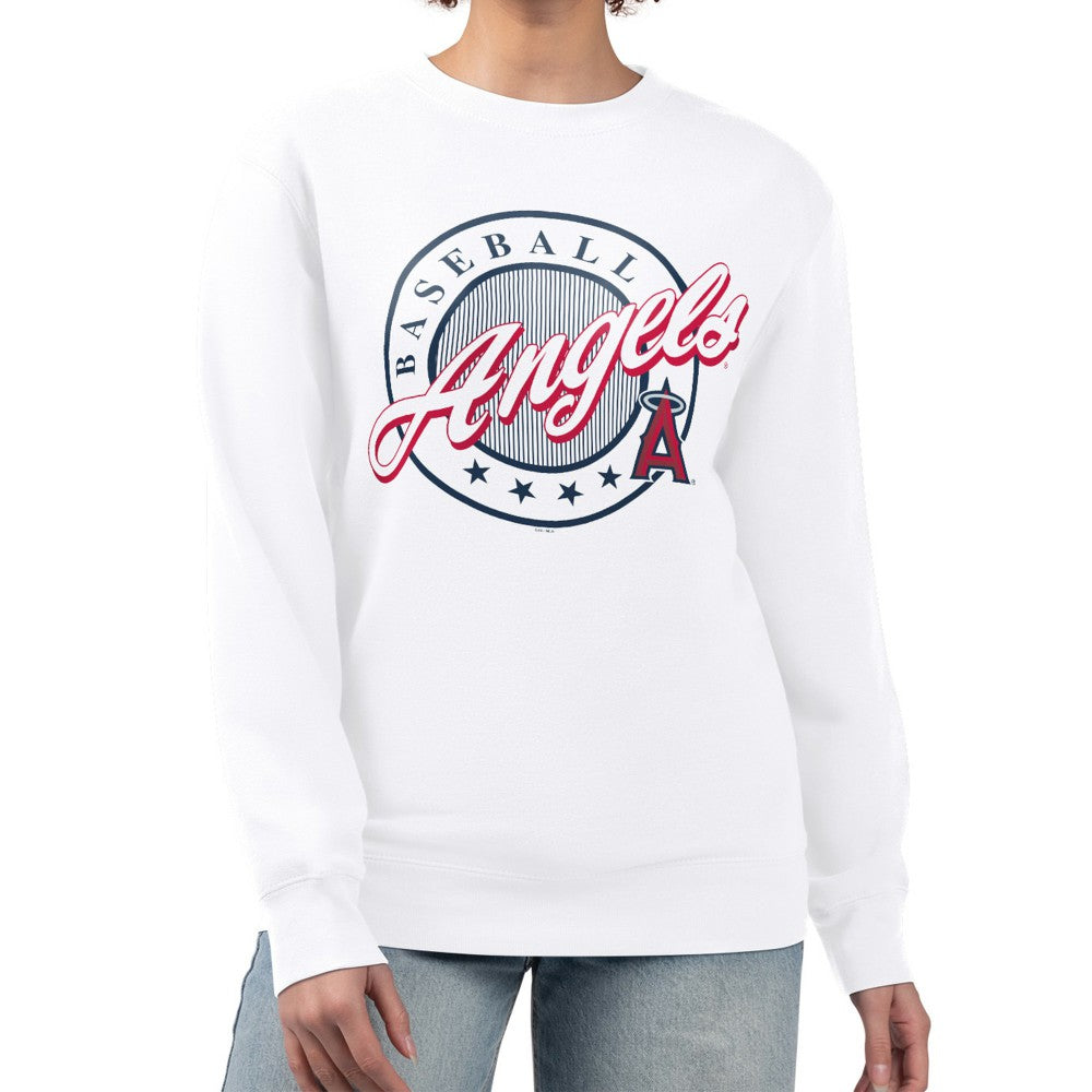 White Los Angeles Angels G-III 4Her by Carl Banks Women's Pinstripe Circle Team Fleece Pullover Sweatshirt