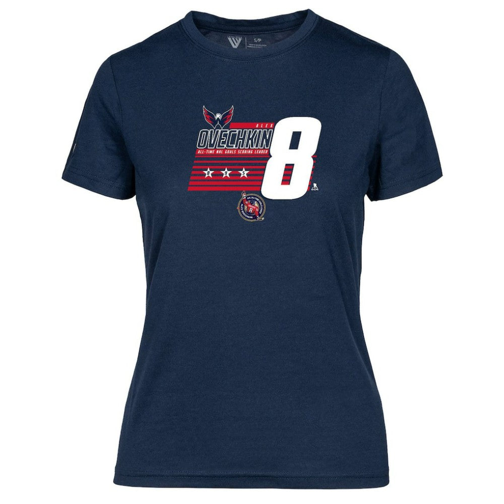 NHL Alexander Ovechkin Washington Capitals Levelwear Women's NHL All-Time Leading Goal Scorer Milestone Stripes Name & Number Maddox T-Shirt