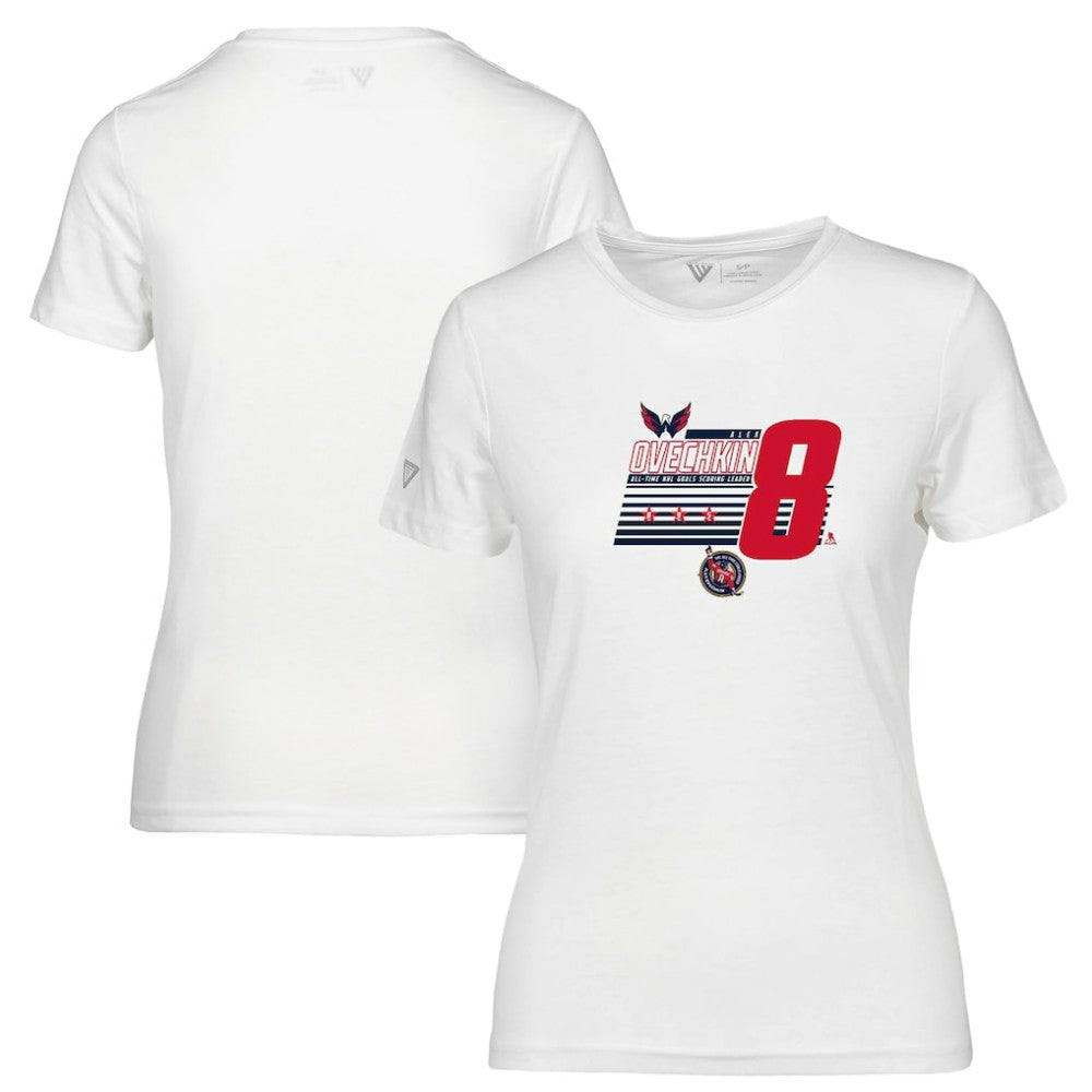 NHL Alexander Ovechkin Washington Capitals Levelwear Women's NHL All-Time Leading Goal Scorer Milestone Stripes Name & Number Maddox T-Shirt