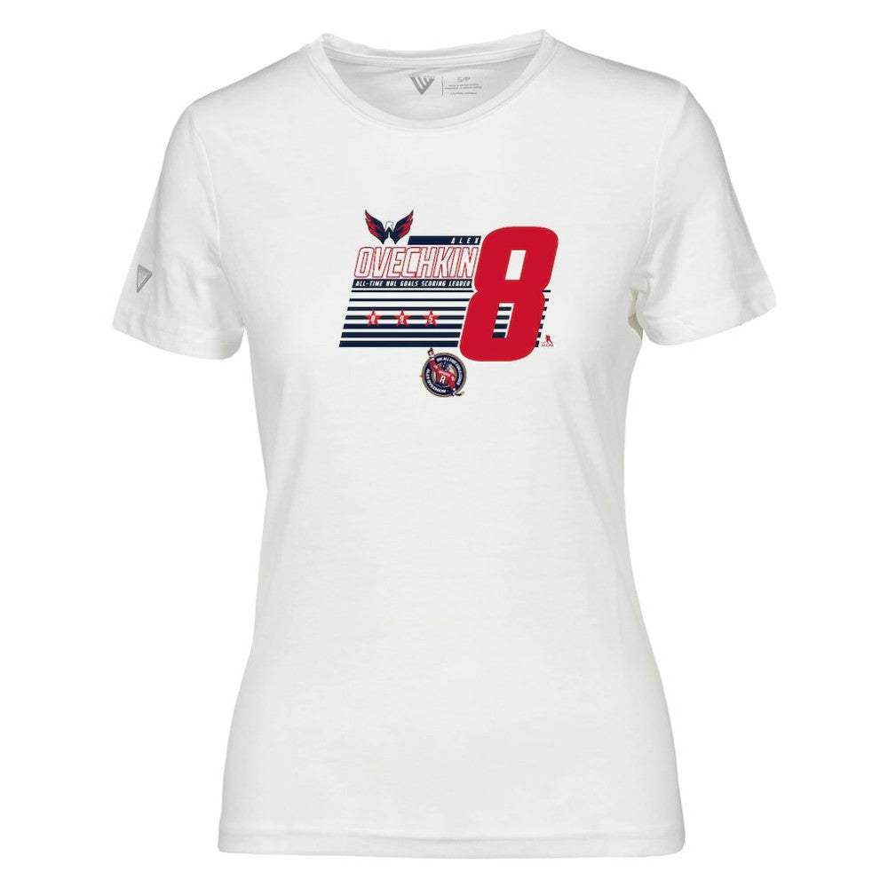 NHL Alexander Ovechkin Washington Capitals Levelwear Women's NHL All-Time Leading Goal Scorer Milestone Stripes Name & Number Maddox T-Shirt