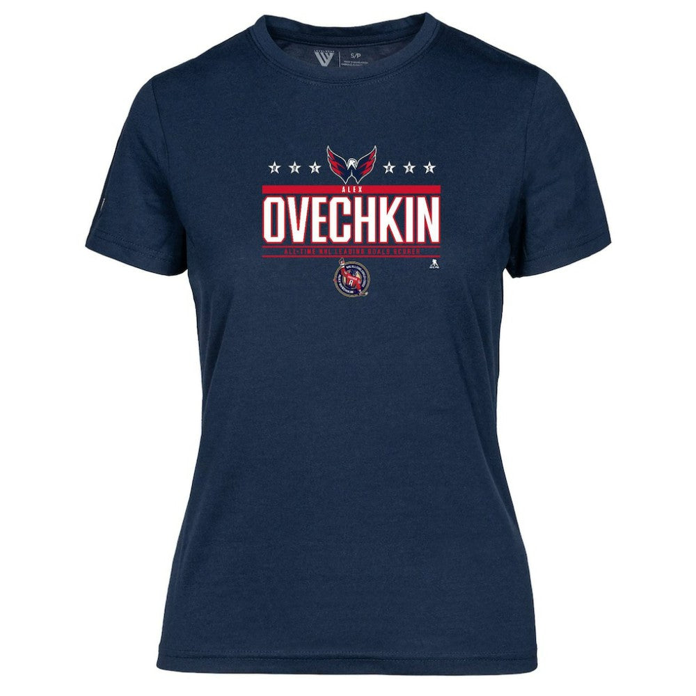 NHL Alexander Ovechkin Washington Capitals Levelwear Women's NHL All-Time Leading Goal Scorer Milestone Stars Name & Number Maddox T-Shirt