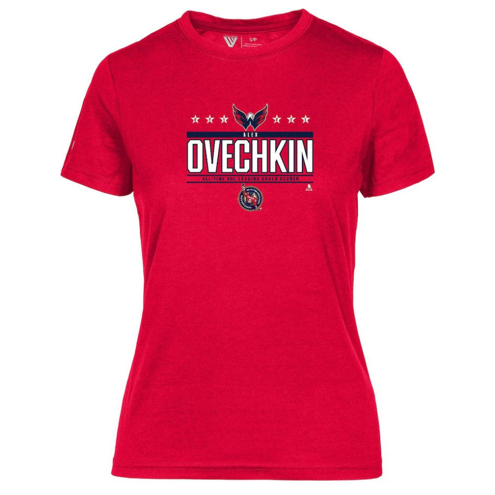NHL Alexander Ovechkin Washington Capitals Levelwear Women's NHL All-Time Leading Goal Scorer Milestone Stars Name & Number Maddox T-Shirt