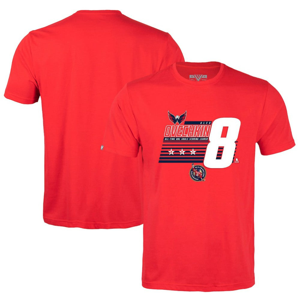 NHL Alexander Ovechkin Washington Capitals Levelwear NHL All-Time Leading Goal Scorer Milestone Stripes Name & Number Richmond T-Shirt