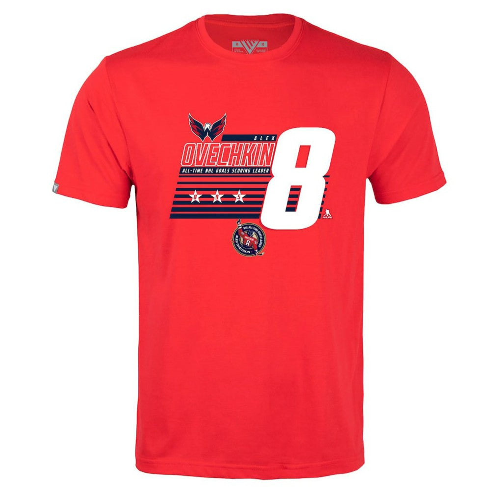 NHL Alexander Ovechkin Washington Capitals Levelwear NHL All-Time Leading Goal Scorer Milestone Stripes Name & Number Richmond T-Shirt
